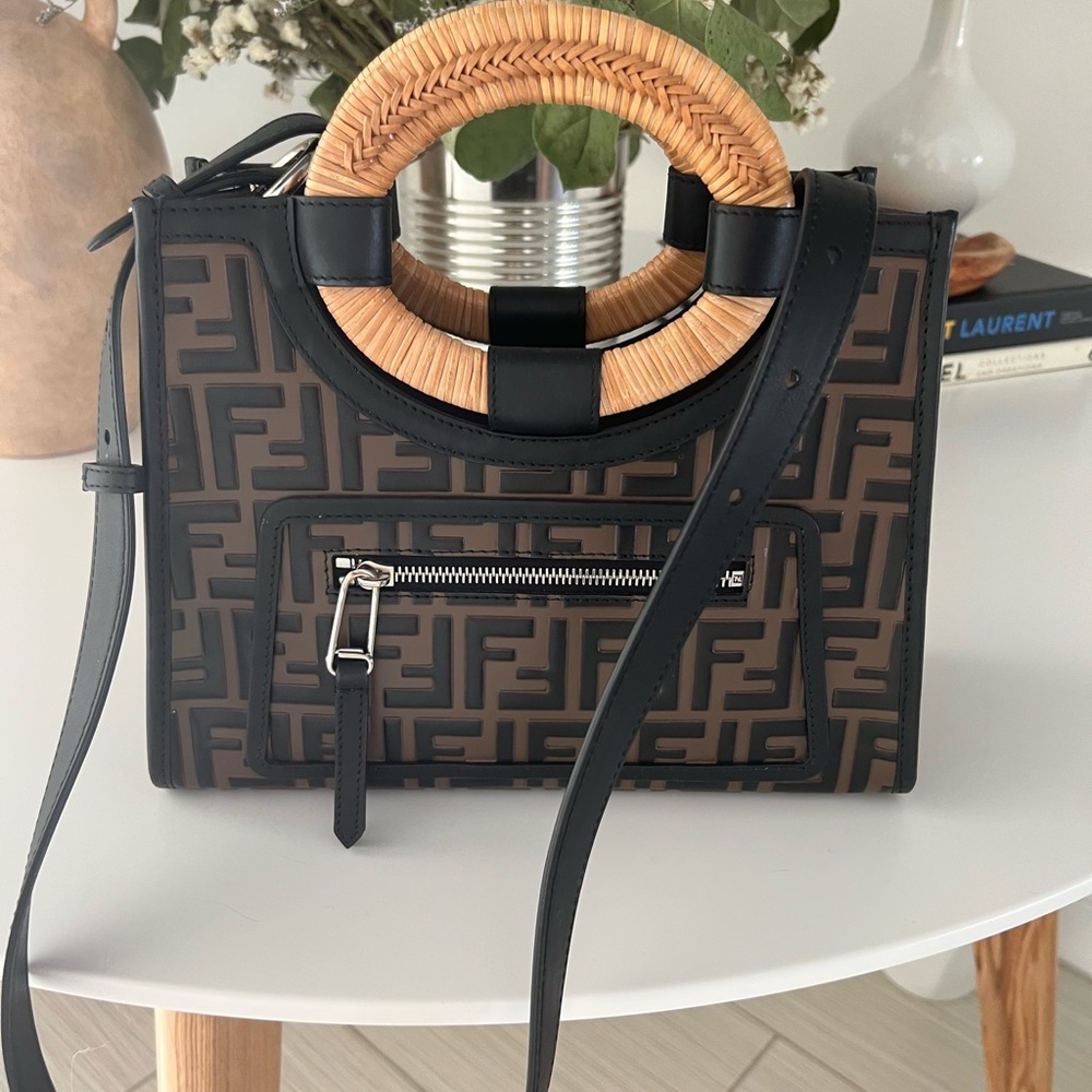 Fendi Vitello Century Wicker Bi-Color FF 1974 Embossed Small Shopper Tote